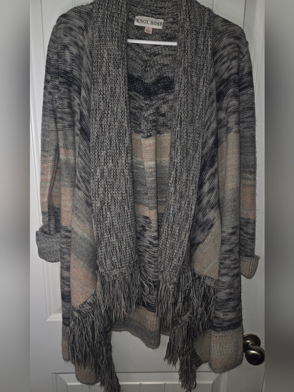 Knox Rose Waterfall Fringe Open-Front Knit Cardigan Large